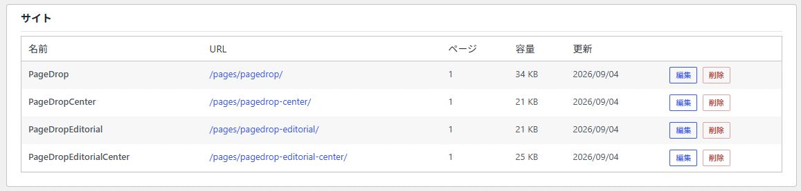 サイトの一覧。名前、URL、ページ数、容量、更新日が並んでいるところ